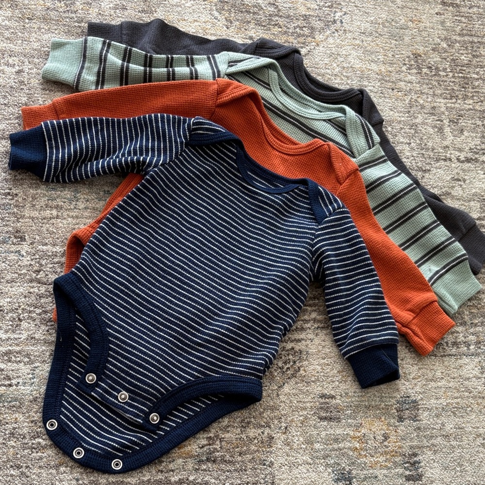 Carter's Navy, Orange, Charcoal, and Green Striped Bodysuits